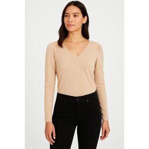 Banana Republic Camel Ruched Shoulders‎ V Neck Solid Color Long Sleeve Top Small